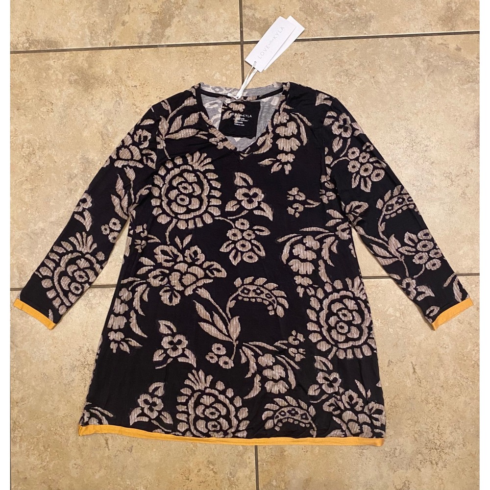 NWT Love by Kyla Seo Small Floral Tunic Top V-Neck Long Sleeve Black Yellow NEW - Picture 2 of 14
